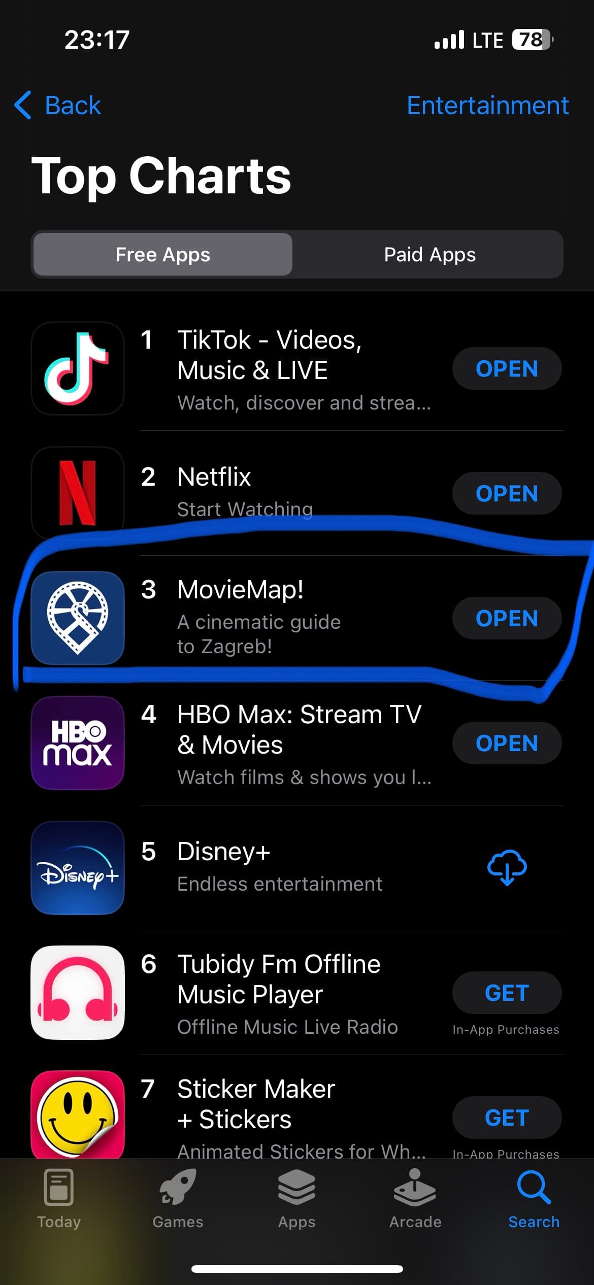 MovieMap ranked number 3 on the App Store Entertainment Top Charts, above HBO Max and Disney Plus